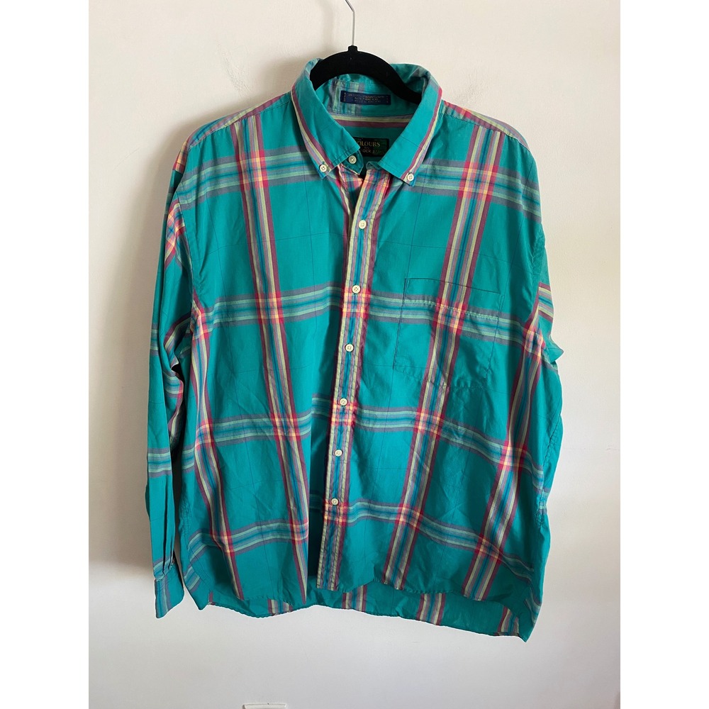 Colours by Alexander Julian Mens XL Teal Plaid Button Down Shirt Long Sleeve 90s